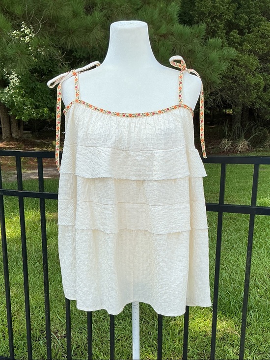 POL Tops - POL  Tiered Ruffle Embroidered Tie-Shoulder Natural Vintage Wash Boho Top